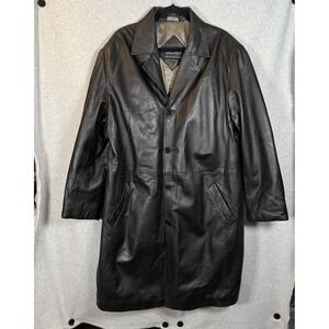 LA Leather trench coat mens XL black longline button jacket 90s Vintage